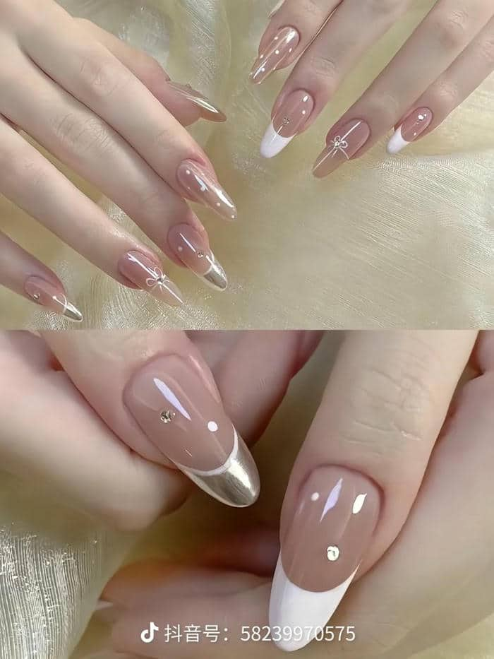 mẫu nail tráng gương ngọc trai màu hồng thạch