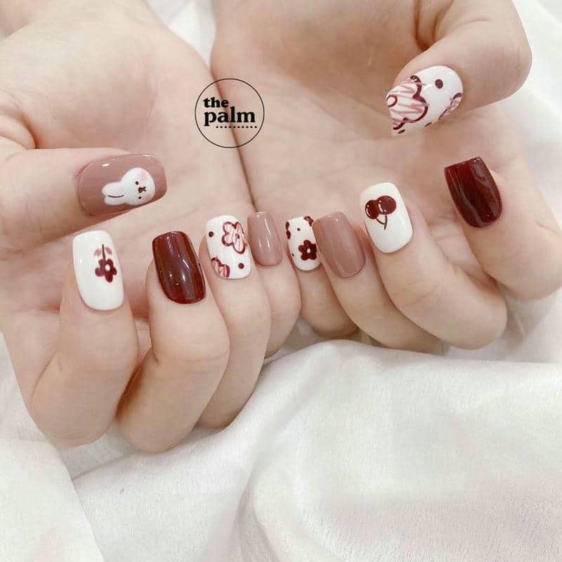 nail đỏ trắng đơn giản