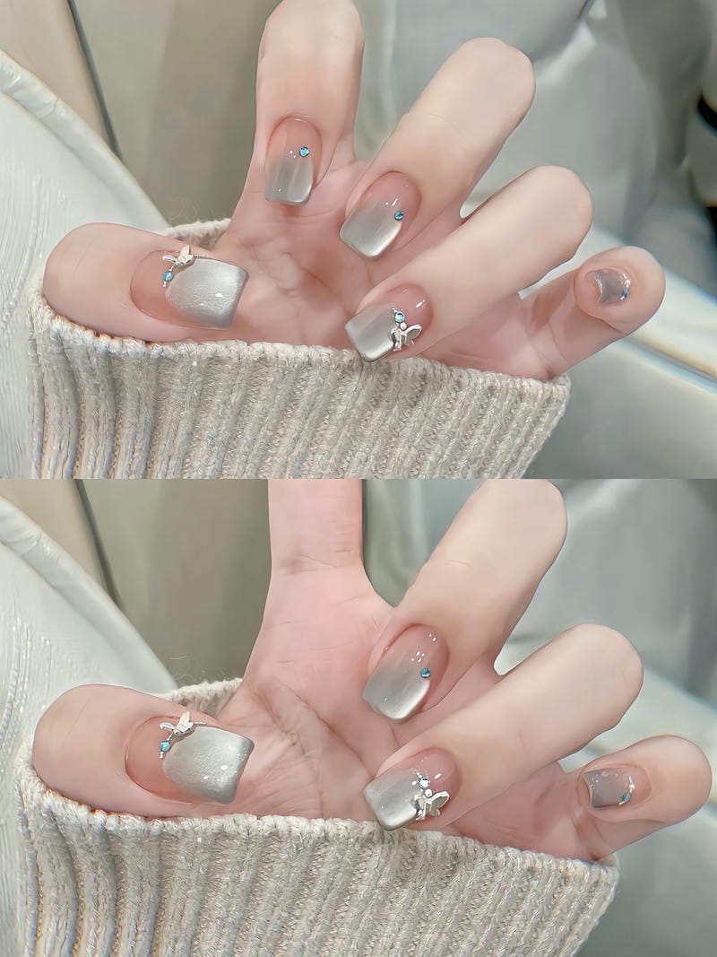 nail mắt mèo bạc đính đá đơn giản