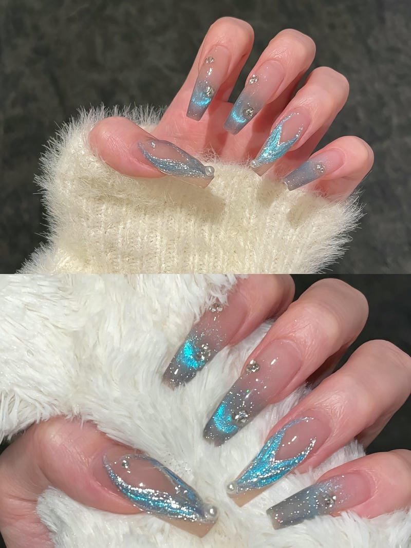 nail mắt mèo xanh form dài