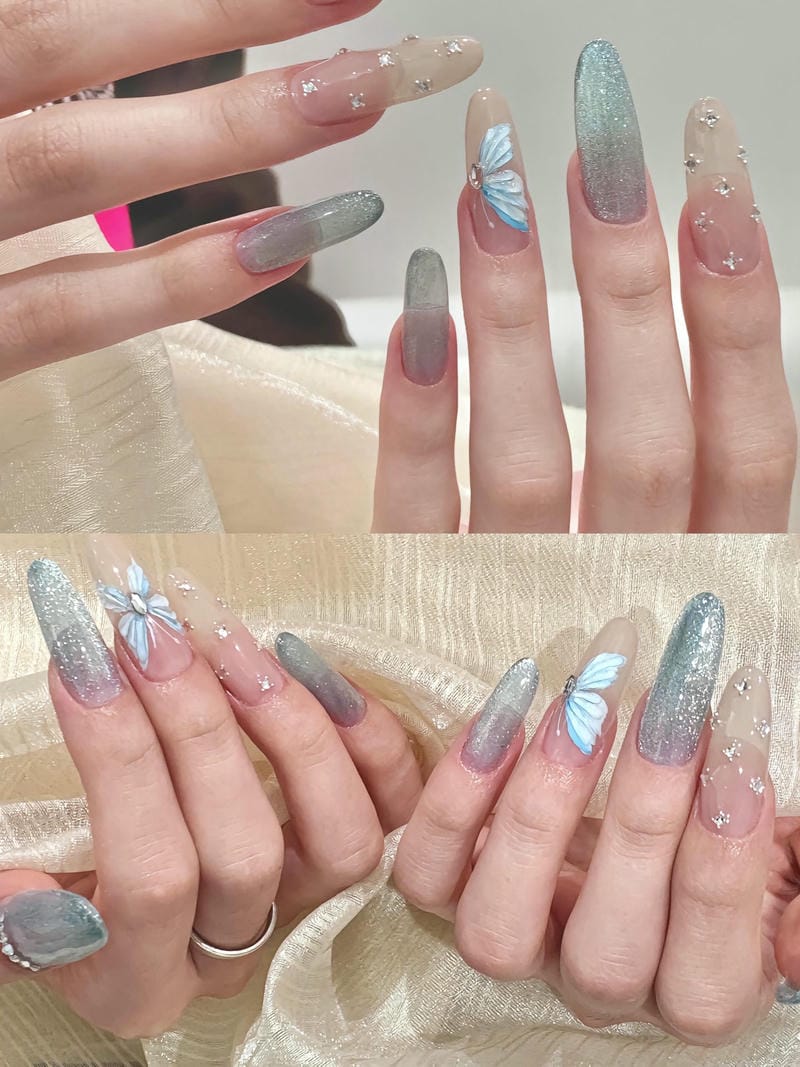 nail mắt mèo xanh kết hợp đính đá