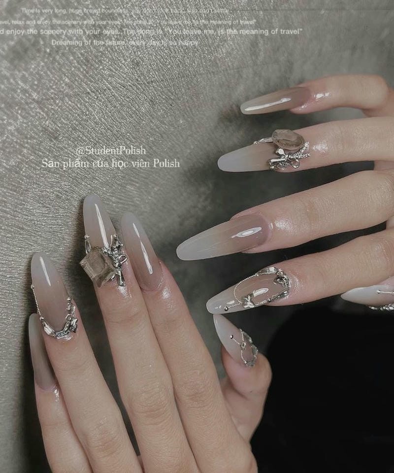 nail ombre nâu thạch kết hợp đính đá